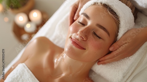 Tranquil Spa Experience  Therapist s Soothing Head Massage for Relaxed Woman