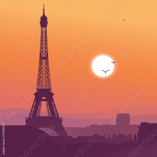 Vector illustration of Paris. Sunrise or sunset in Paris. Orange sky of Paris. The Eiffel tower and the roofs of Paris. Printed illustration-graphic vector pattern for banner, poster, postcard design.