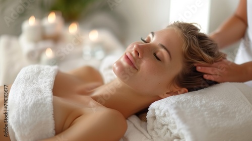 Tranquil Spa Experience  Therapist s Soothing Head Massage for Relaxed Woman