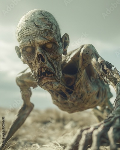 A centenarian zombie moving slowly across a wide open expanse