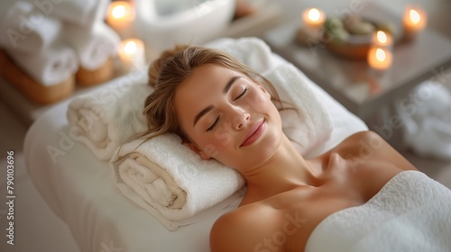 Relaxed Woman on Spa Bed with Candles and Plants, Smiling