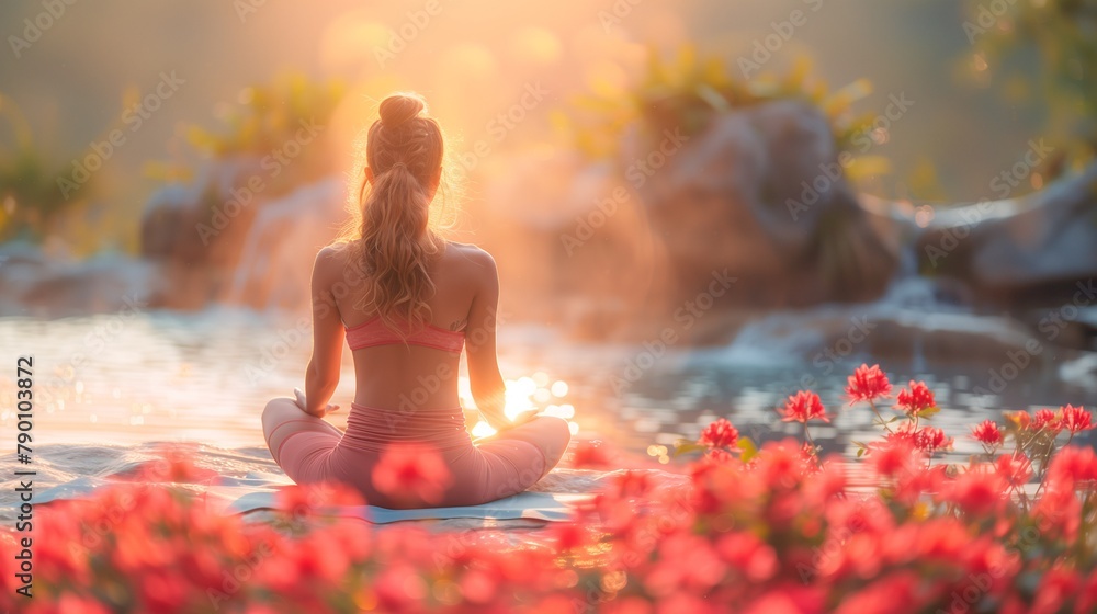 A young woman finds inner peace during sunset yoga in a serene outdoor setting with nature's soothing ambiance