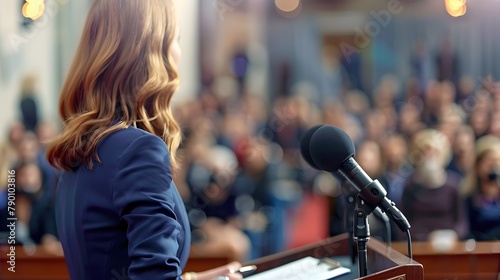 A female politician, unrecognizable in close-up, stands at the rostrum with rings, addressing the conference with microphones and a clipboard. photo