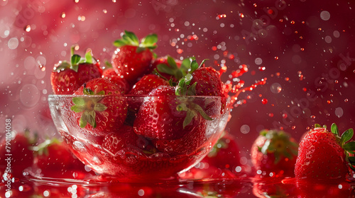 A bowl of ripe strawberries surrounded by splashes of red juice, with droplets glistening in the light 