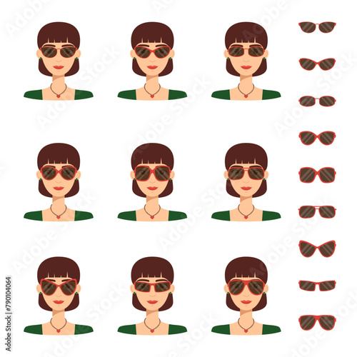 Woman tries on different models of sunglasses, vector illustration