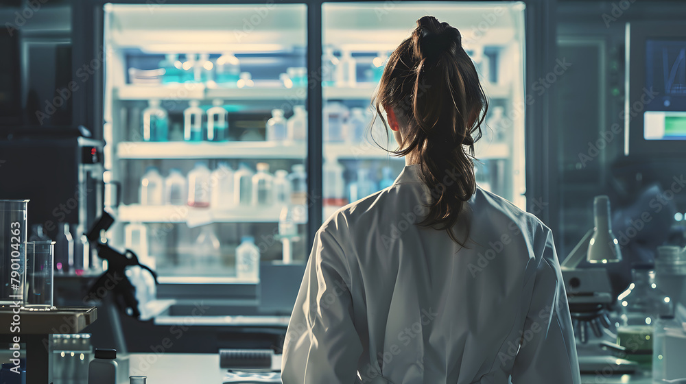 Fototapeta premium A scientist in her lab coat. standing in a research facility with colleagues and lab equipment around. The view is from behind her as she oversees her teams work during the day