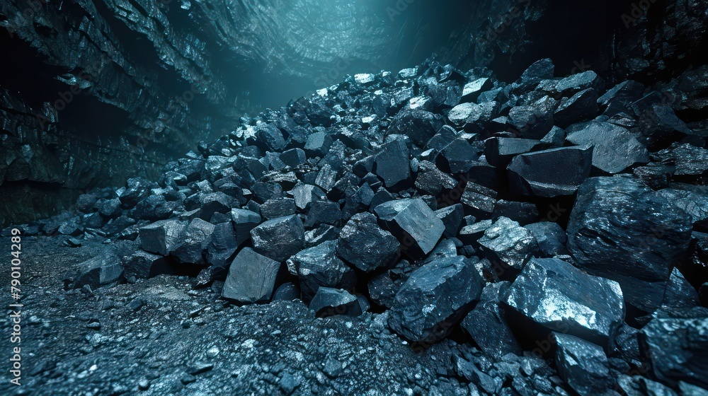 Fototapeta premium pile tons of coal stone in mine cave background setting