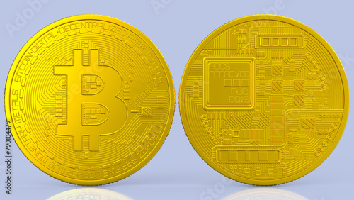 3d Golden Bitcoin Front and Back Side Gray Background (ID: 790104479)