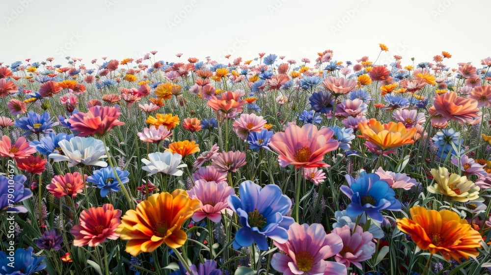 A field of flowers with a variety of colors including blue, pink, and yellow A field of flowers with a variety of colors including blue, pink, and yellow