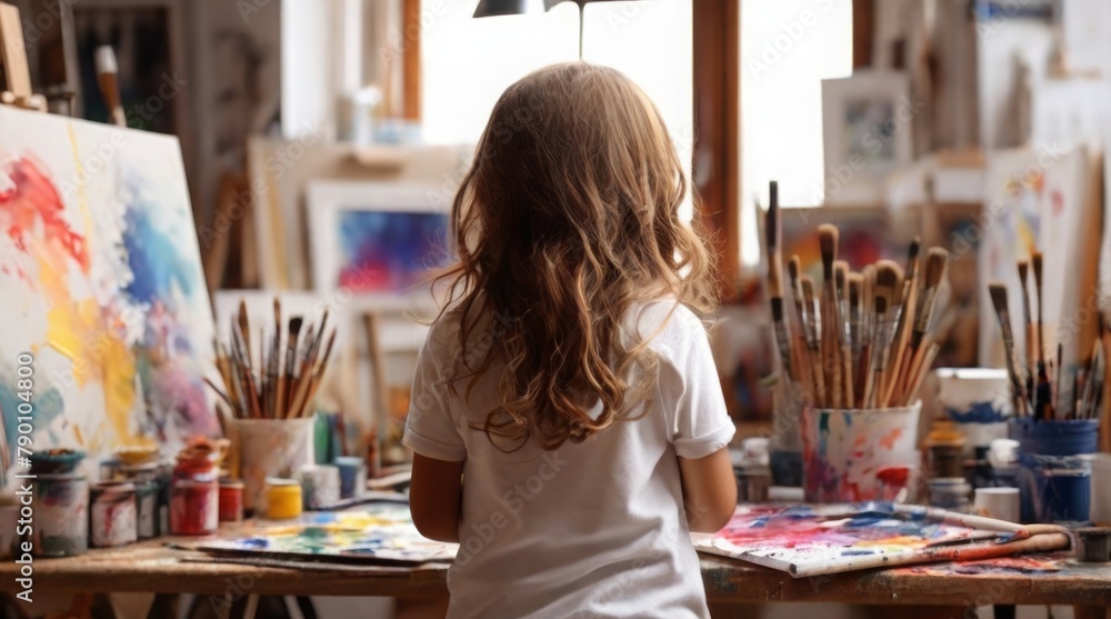 An art studio with a child artist surrounded by canvases, paints and creative tools. generative ai
An art studio with a child artist surrounded by canvases, paints and creative tools. generative ai