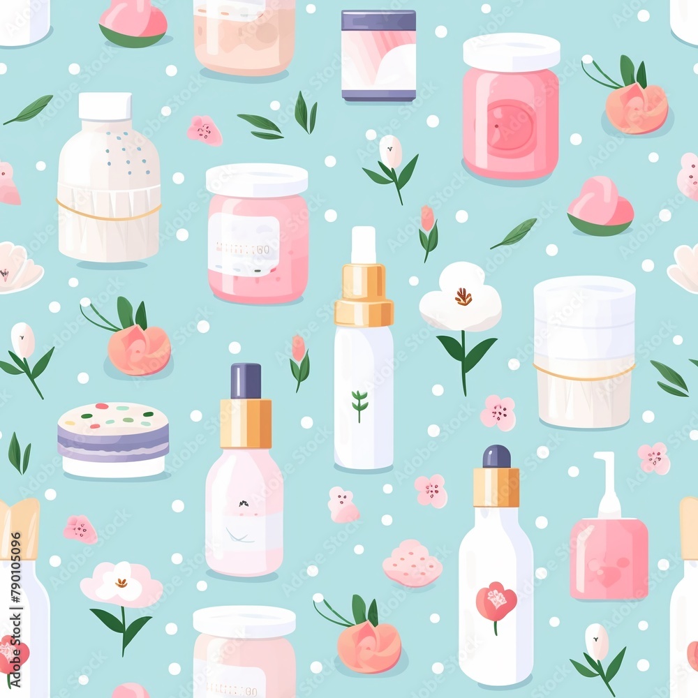 A touch of charm to your beauty branding materials with seamless patterns that blend cute 3D cartoon beauty icons with soft pastel hues A touch of charm to your beauty branding materials with seamless patterns that blend cute 3D cartoon beauty icons with soft pastel hues