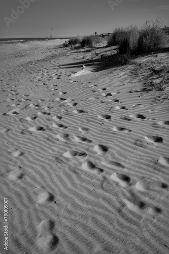 A symphony of footprints adorns the sand, each imprint a silent testament to journeys unknown. Shadows play softly, casting an enchanting veil over the scene, inviting contemplation and wonder