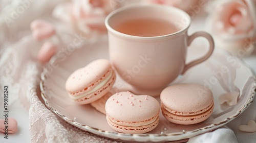 Pink heart macarons with a pale pink teacup on a plate against a creamy backdrop Ideal for Mother s Day or International Women s Day breakfast Soft and delicate spring scene