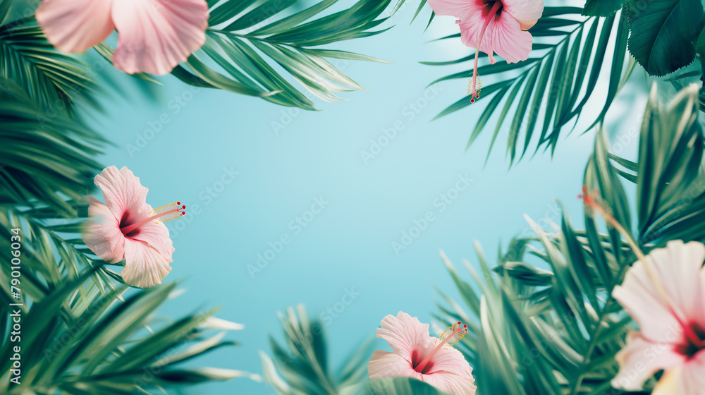 Green palm leaves and hibiscus flowers on a delicate turquoise background with copy space in the center. Green palm leaves and hibiscus flowers on a delicate turquoise background with copy space in the center.