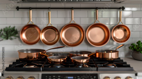 A set of copper pots and pans hanging on a wall above a stove