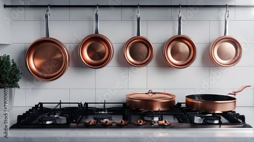 A row of copper pots and pans hanging from a rack above a stove