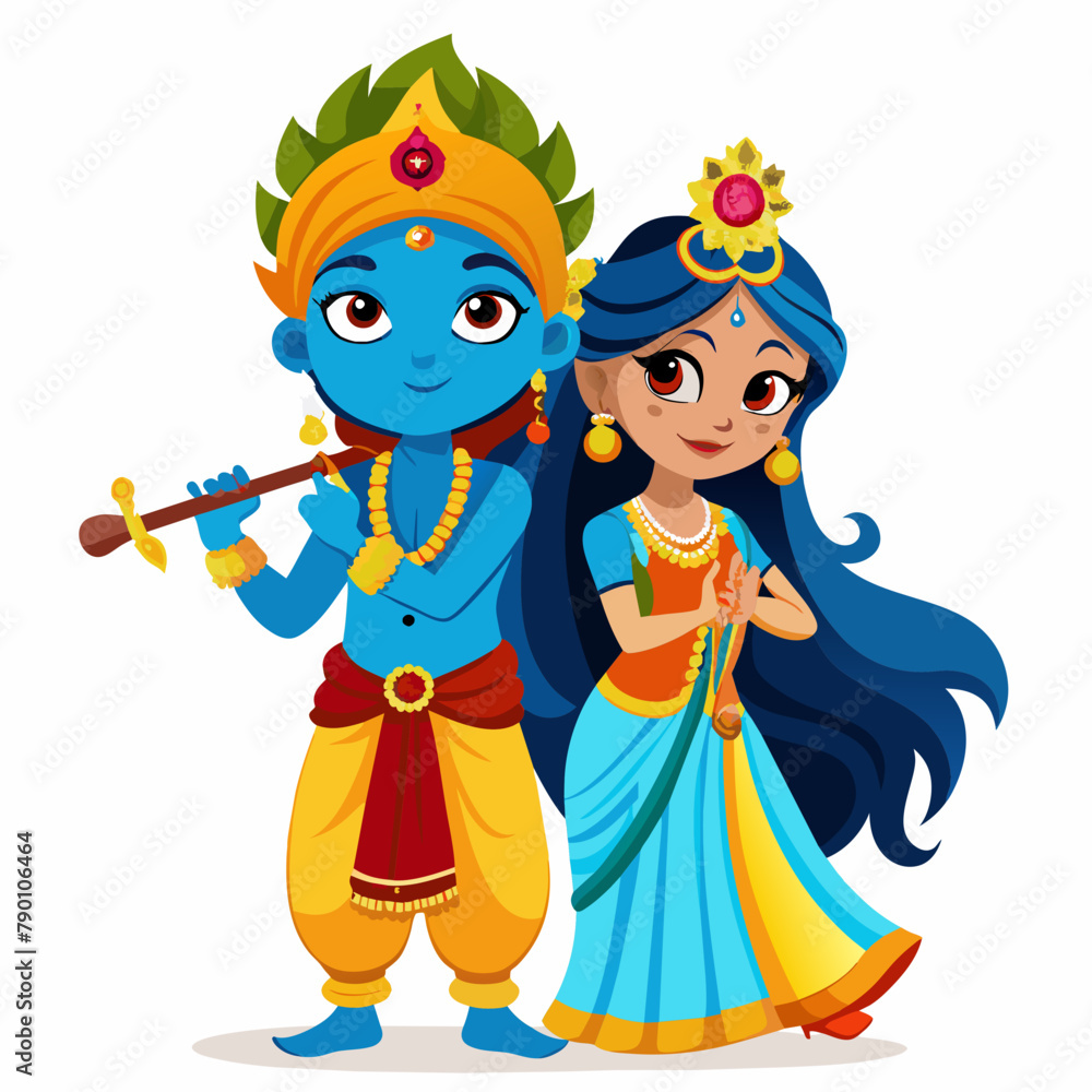 Hindu god Krishna with flute with Radha on an isolated white background