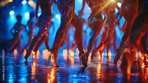 A group of women are dancing on a stage with bright lights shining on them photo