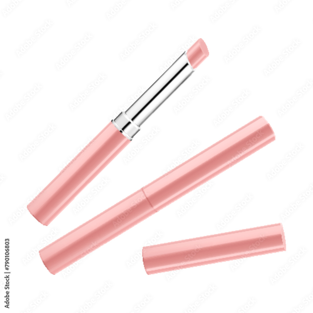 Lipstick tube template, vector mock-up. Nude lip balm, 3d realistic packaging, opened and closed with cap. Decorative cosmetic product. Vector illustration isolated on white background Lipstick tube template, vector mock-up. Nude lip balm, 3d realistic packaging, opened and closed with cap. Decorative cosmetic product. Vector illustration isolated on white background