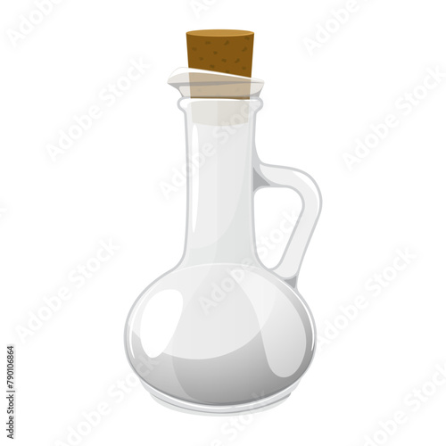 Empty glass bottle with cork stopper for water, wine or oil. Magic blank vessel for potions. Empty jar for milk, vinegar or juice. Flat design vector illustration isolated on white background