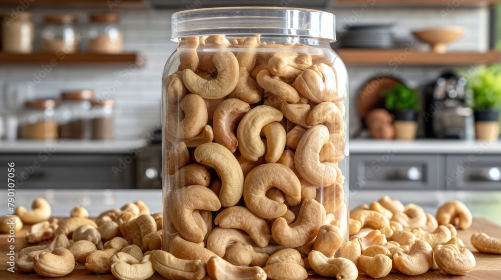 raw Cashews nut in the transparant bottle package, kitchen background setting raw Cashews nut in the transparant bottle package, kitchen background setting