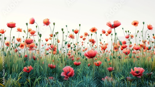 A field of red flowers with a blue sky in the background