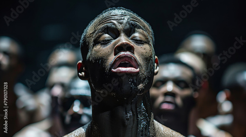 A man is sweating and has his mouth open photo
