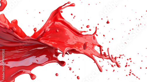 A vibrant red paint splash frozen in motion, mid-air, the dynamic movement and fluidity of the liquid as it splatters against a transparent background.
