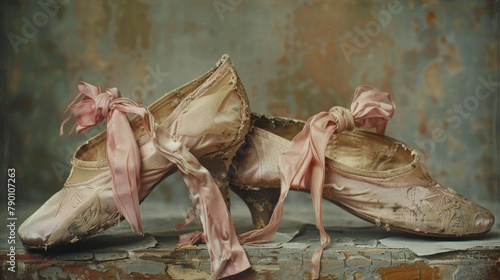 Two old white ballet slippers with bows tied to them