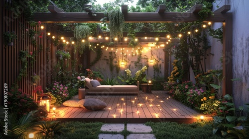 A patio with a wooden deck and a pergola with lights hanging from it © AnuStudio