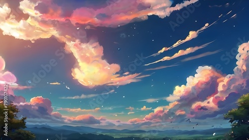 Anime fantasy wallpaper background concept : Dramatic fiery red and orange sunset paints the sky with burning clouds, generative ai