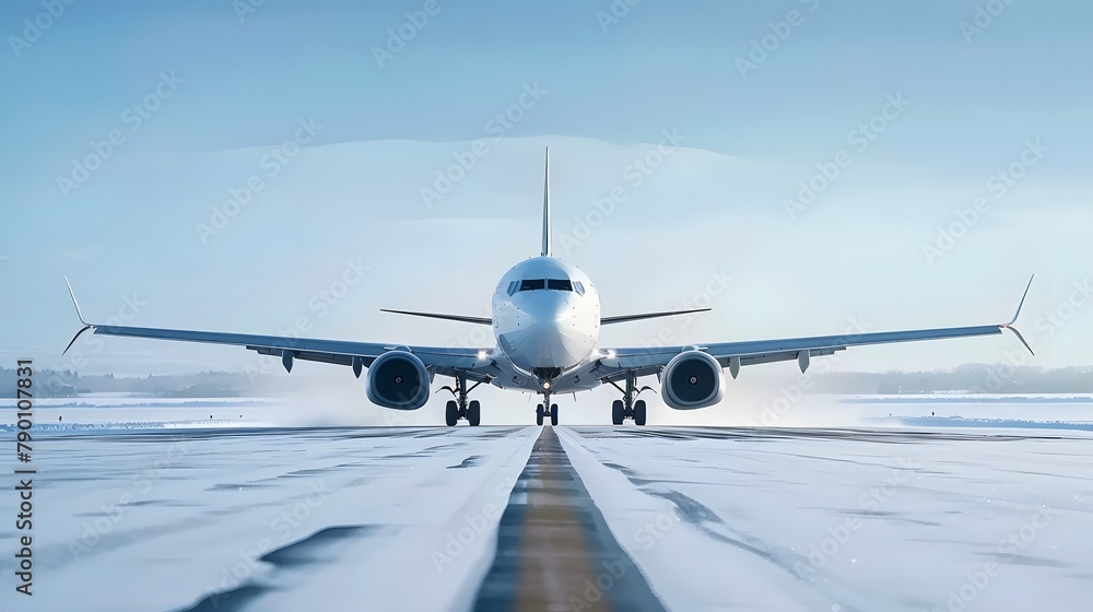 A commercial white airplane flies over the takeoff runway, blanketed in snow, at the airport.