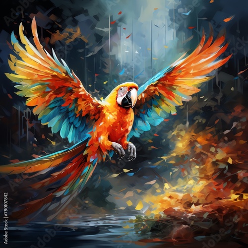 A colorful parrot is flying in the jungle. The parrot has its wings spread wide and is surrounded by colorful leaves.