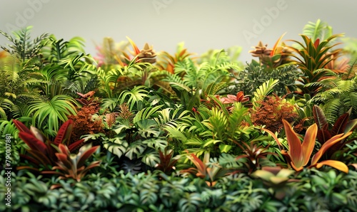 Transform a digital landscape into a vibrant oasis of diverse plants with CG 3D rendering, emphasizing the exceptional plant variety in a striking low-angle composition