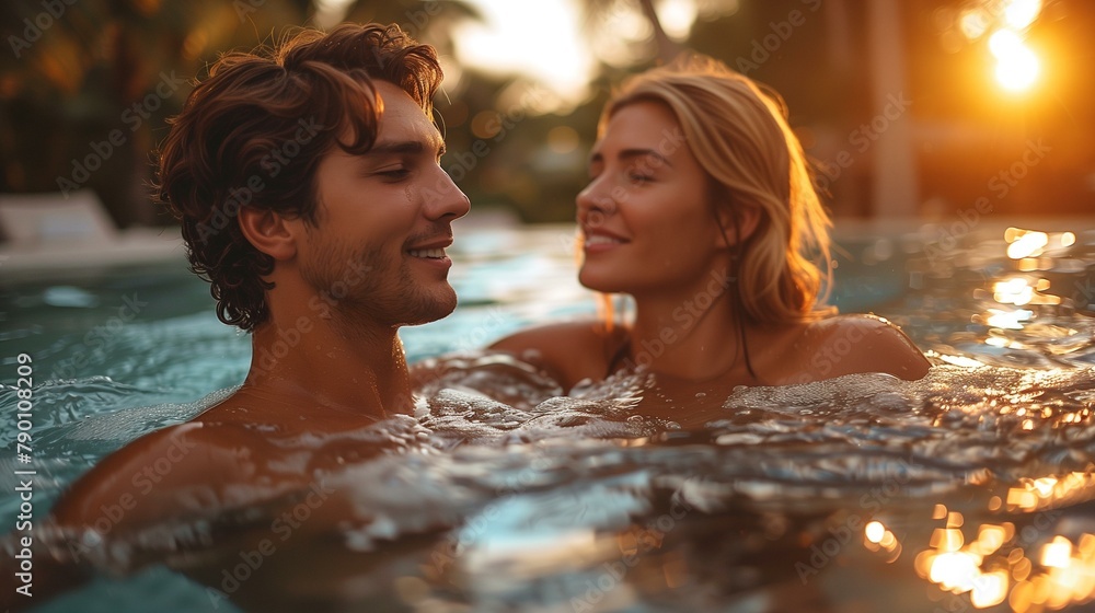 Obraz premium Couple in pool, couple in hot tub at sunset, relationship water enjoyment vacation bonding