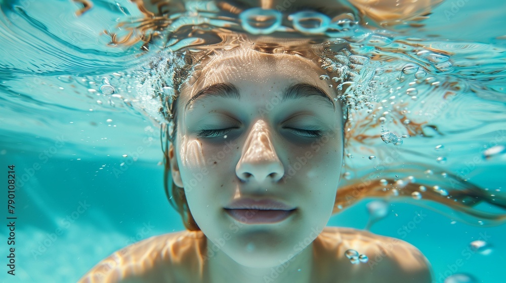 Swimming face in pool, young woman underwater in pool, joy smiling bubble lifestyle cute