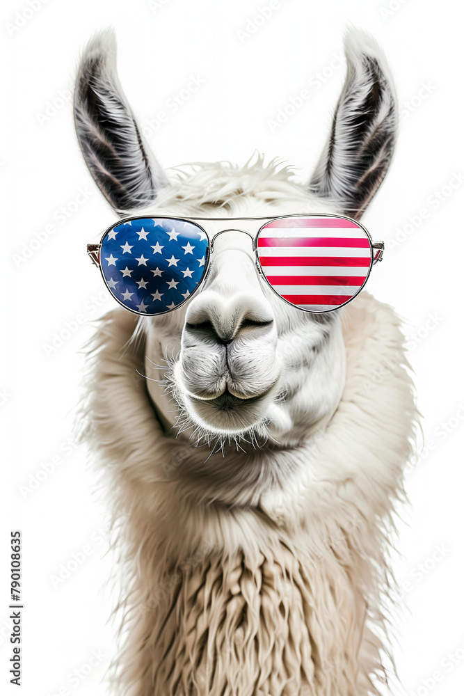 Obraz premium white llama with aviator glasses, the sunglasses lenses are in USA flag colors, white background for 4th of July