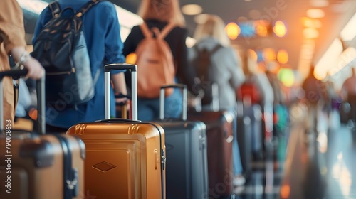 People waiting in line with their luggage, suitcases, and bags for an international flight at the airport check-in gate, queuing for a vacation, holiday, or immigration journey, signifies global trave