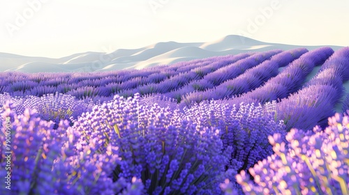 A field of lavender flowers with a blue sky in the background