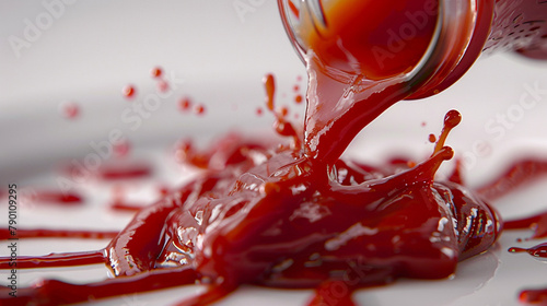 A bottle of tomato ketchup being poured onto a plate, with thick red sauce splashing and spreading outwards in a wave-like motion,  photo