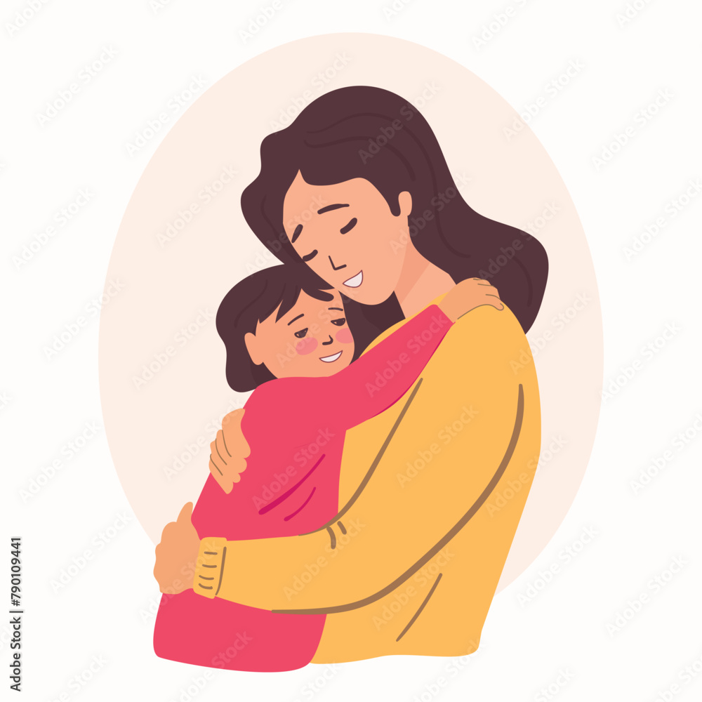 A mother gently hugs her little daughter. She holds her in arms. Yellow, pink colours. Happy mother's day. Vector illustration for magazines, postcards, websites A mother gently hugs her little daughter. She holds her in arms. Yellow, pink colours. Happy mother's day. Vector illustration for magazines, postcards, websites
