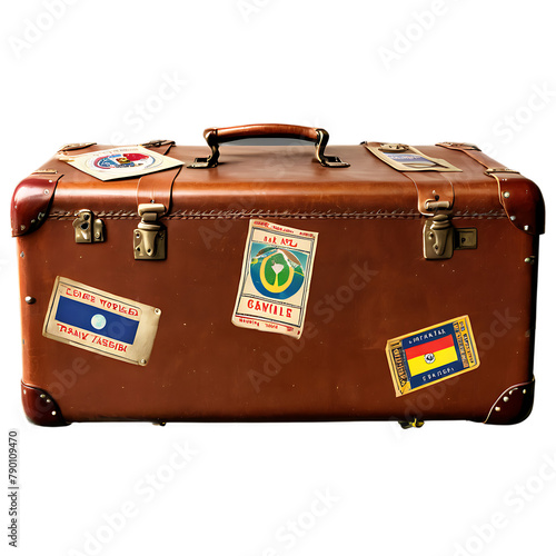 A vintage leather suitcase with travel stickers from around the world Transparent Background Images 