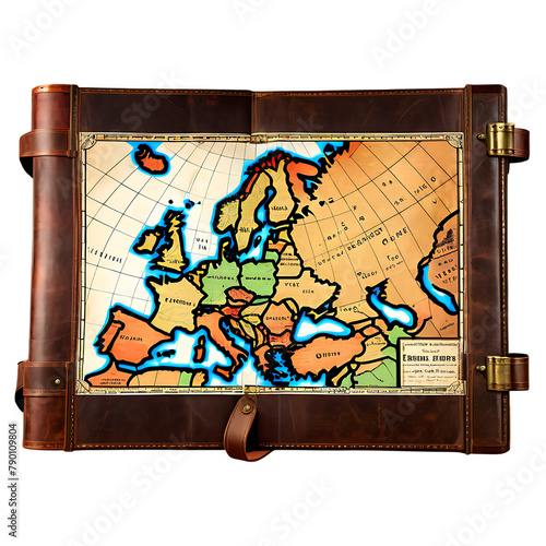 A vintage leather-bound map case with detailed maps of Europe Transparent Background Images 