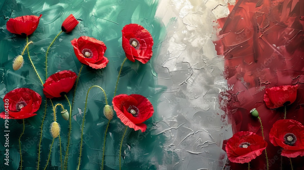 Red poppy flowers on background with Italy flag. Liberation day holiday. Festa della liberazione - obrazy, fototapety, plakaty 