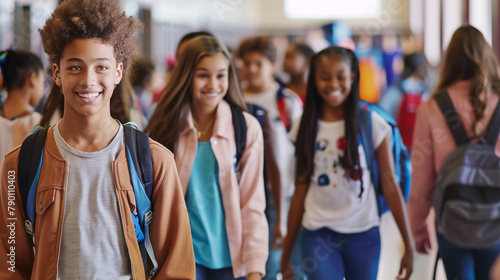 A diverse group of students  both eager and anxious  walking through a brightly decorated school hallway for the first day of school. Add touches like lockers and backpacks 