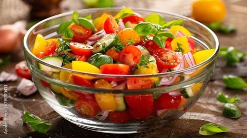 fresh salad with tomatoes and cucumbers in glass dish generative ai photo