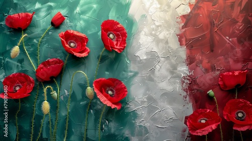 Red poppy flowers on background with Italy flag. Liberation day holiday. Festa della liberazione © Artlana