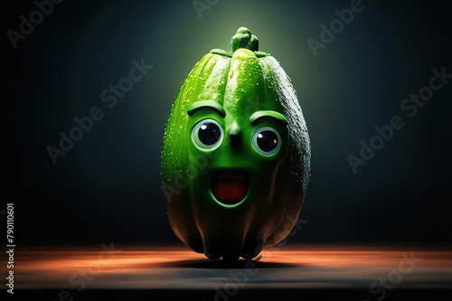 3D green happy vegetable cartoon character with eyes on dark .background, Generative AI