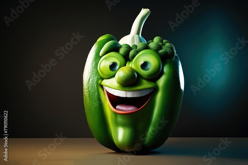 3D green happy vegetable cartoon character with eyes on dark .background, Generative AI