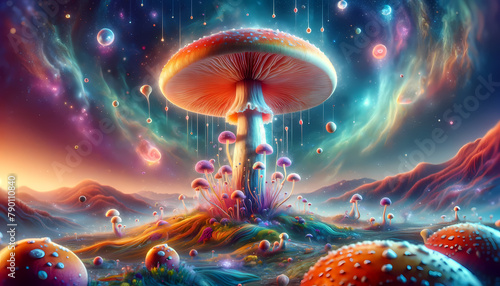 Step into a surreal landscape where giant, luminous mushrooms tower over an alien terrain under a galaxy-filled sky, a perfect blend of fantasy and sci-fi.